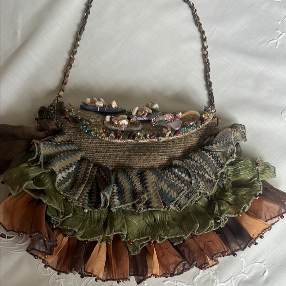 Mary Frances Green and Brown Ruffled Clutch